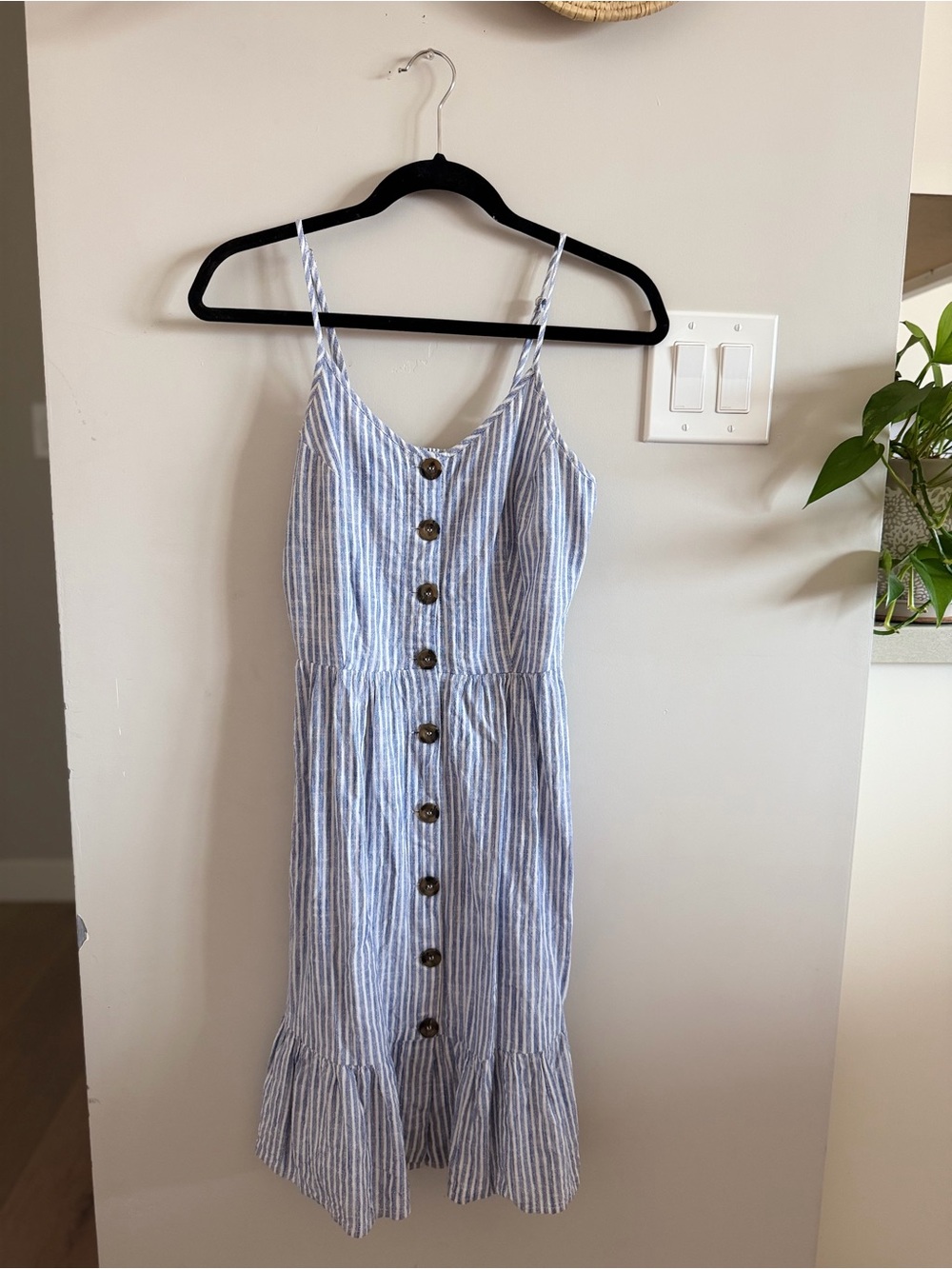 Japna Blue and White Striped Midi Dress with Buttons